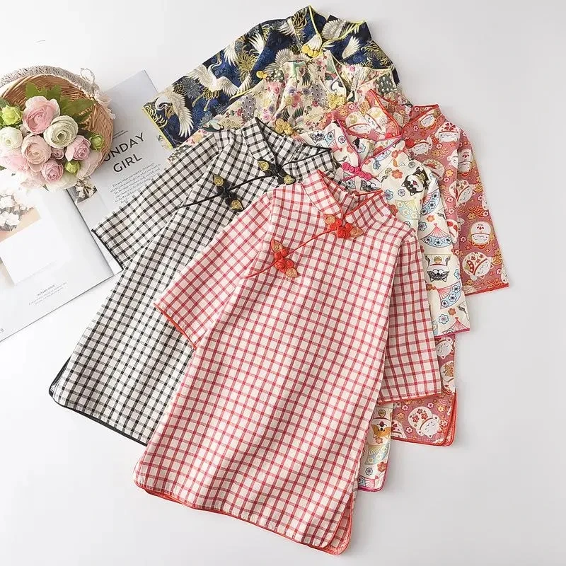 

Baby Girls Dress Spring Summer Half Sleeve Cartoon Floral Print Dresses for Girls Cheongsam Chinese Style Dress Children Clothes