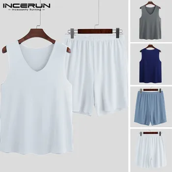 

INCERUN Men Pajamas Sets Sleeveless Solid V Neck Sleepwear Shorts Summer Comfortable Soft Breathable Mens Pyjamas Suit Homewear