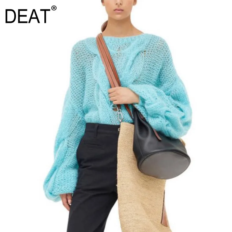 

DEAT 2019 Autumn And Winter ROUND Neck Lantern Sleeves Women Loose Casual Plus Twist Solid Color Pullover Sweater TC352