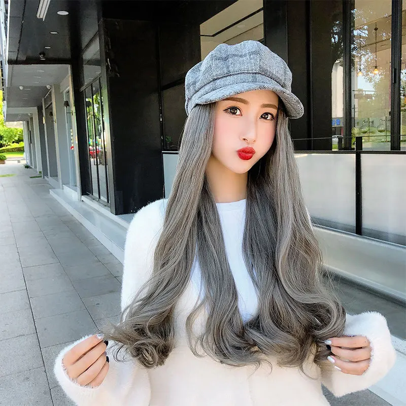 New Women Long Hair Hat Female Autumn Winter Fashion Caramel Color Retro Grid Beret Hat with Wave Wig For Lady Girls F35705AD