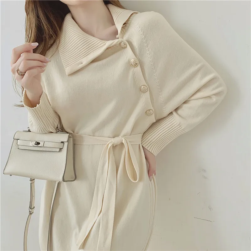 

Korean Winter Clothes Belt Button Thick Solid 2022 Pollover Sweater Dress Women Casual Knitted Jumper Dresses Warm Woman New