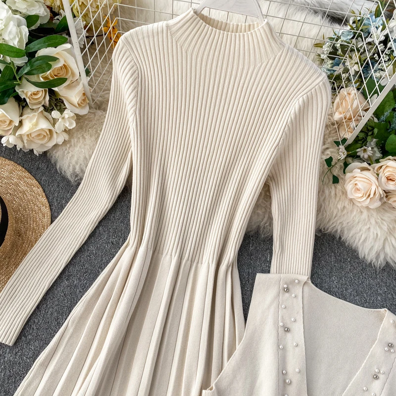ALPHALMODA осенний женский элегантный костюм из 2 предметов жилет с бисером+ плиссированное платье с высоким воротником зимний комплект из 2 предметов
