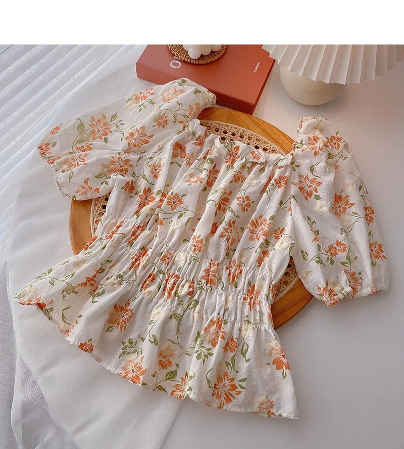 

Summer new style Korean sweet puff sleeve short section floral retro shirt women