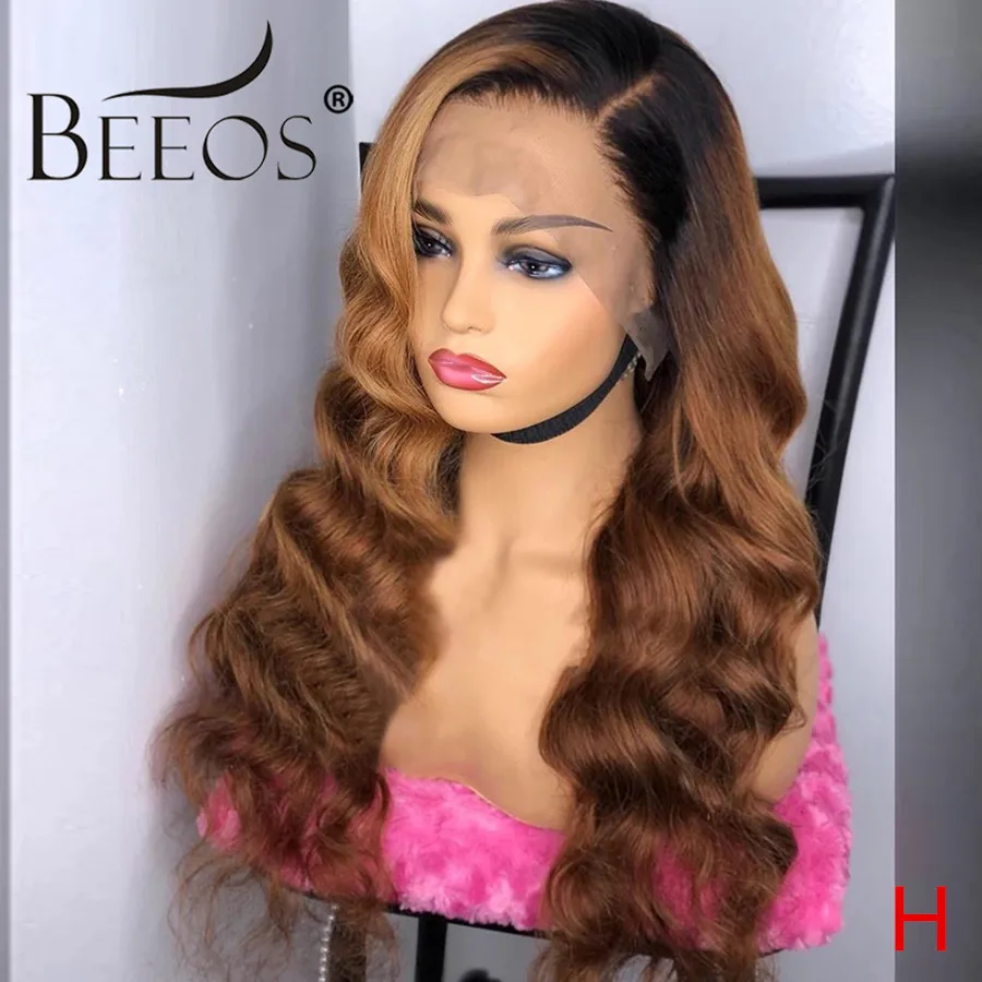 

Beeos 150% Full Lace Human Hair Wigs Ombre Color Deep Part Wavy Pre Plucked With Baby Hair Bleached Knots Brazilian Remy Hair