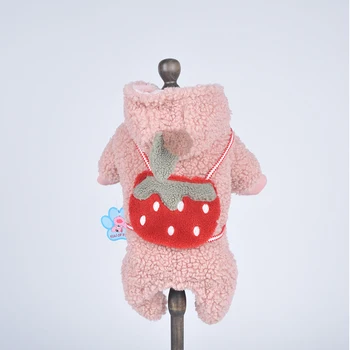

New Dog Cat Warm Jumpsuit Hoodie with Strawberry Bag Pet Puppy Coat Jacet Apparel Outfit for Dogs Cats