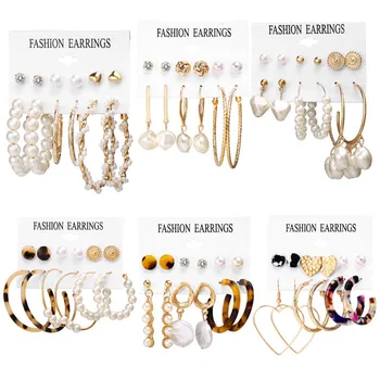 

IF YOU Fashion Pearl Acrylic Crystal Metal Mixed Stud Earrings Set For Women Girl Round Vintage Earrings Jewelry Gift 2019 New