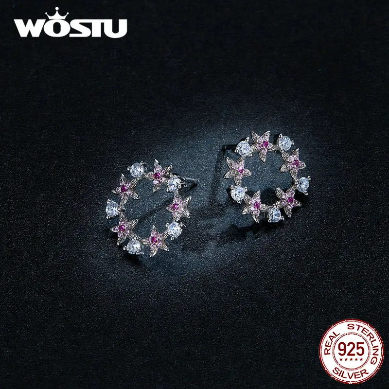 WOSTU, 925 пробы, серебряные, с цветами, круглые серьги-гвоздики для женщин, розовые, циркониевые, маленькие серьги, свадебные, вечерние, ювелирные изделия, CTE307