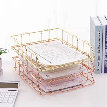 

Rose Gold Metal Organizer Basket Magazine Newspaper Stackable Storage Basket Nordic Office Desktop Paper Finishing Basket