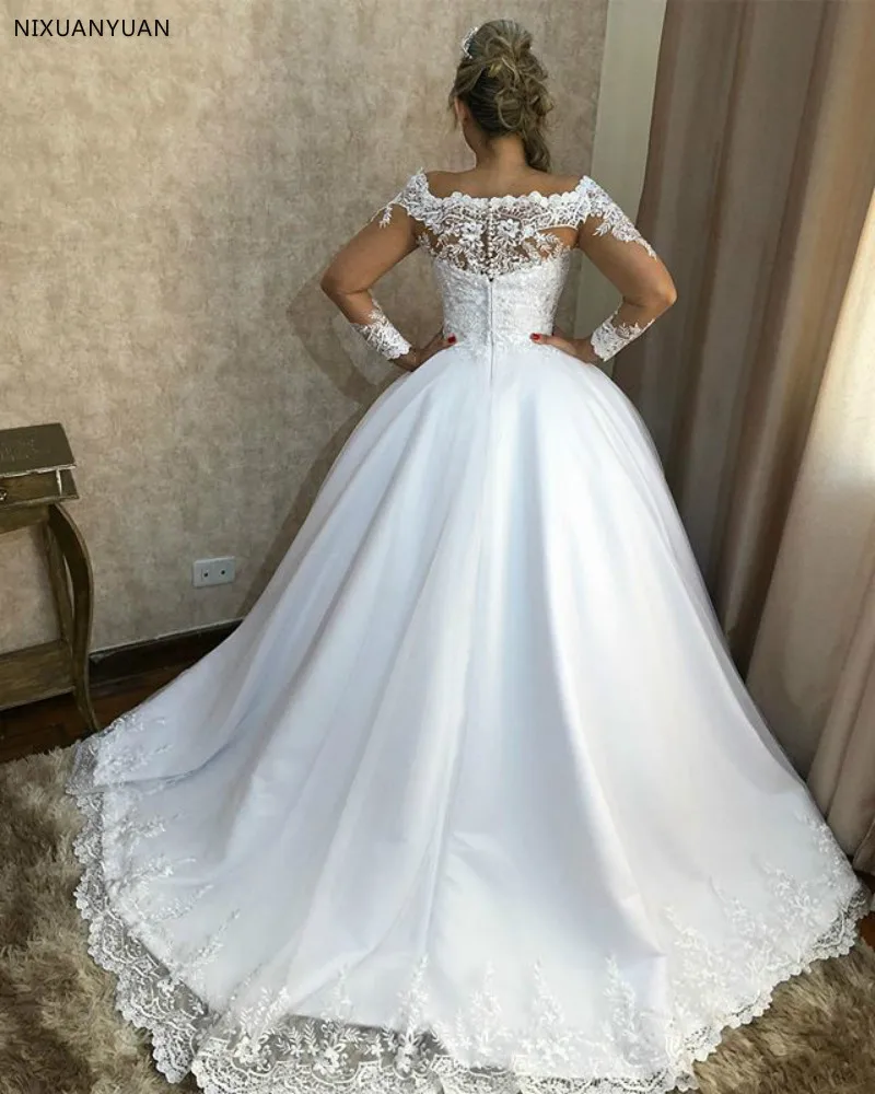 Vestido De Noiva новое модное винтажное кружевное свадебное платье трапециевидной формы с аппликацией, Прозрачное платье с вырезом лодочкой и длинным рукавом, Vestido Longo