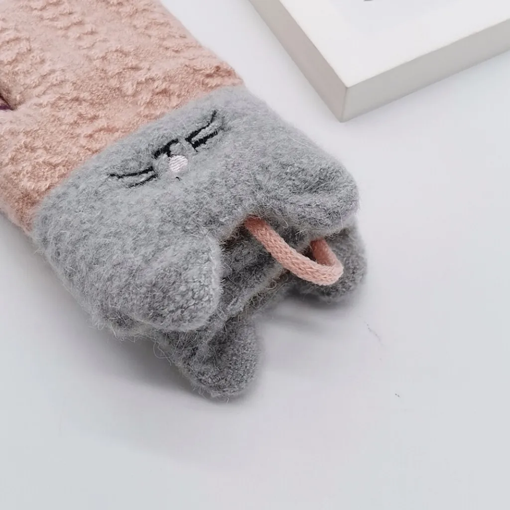 Детские зимние теплые вязаные перчатки с рисунком кота из мультфильма для мальчиков и девочек
