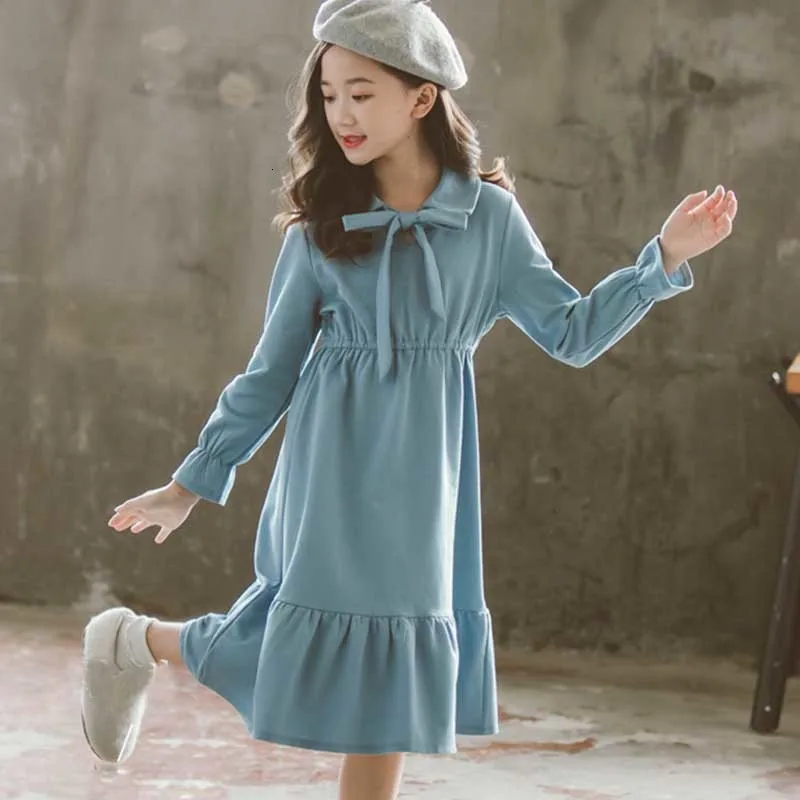 Платье для мамы и дочки; коллекция года; детские осенние платья для девочек-подростков; хлопковое детское голубое длинное школьное платье; повседневная одежда для девочек