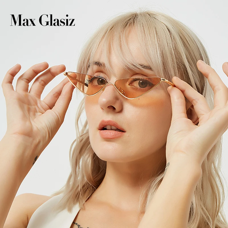 Max Glasiz новые узкие линзы кошачий глаз солнцезащитные очки женские половинчатая металлическая рама треугольные Солнцезащитные очки Мужские кошачий глаз винтажные уличные тренды gafas