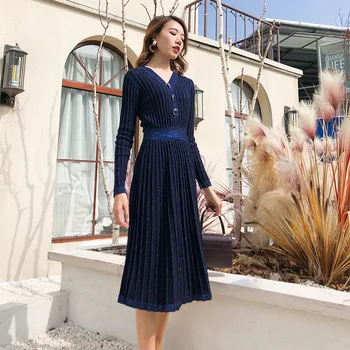 

Navy Blue Sweater Dress Shiny Glitter Pleated Knit Dress Women Autumn Winter Long Sleeve V-Neck A-line Sweater Dress Midi Robes