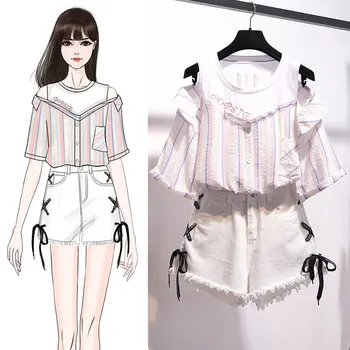 

Summer Women's Suits Lady School Cloth Short Sleeve Striped Blouse Jean Shorts Casual Two Pieces Sets