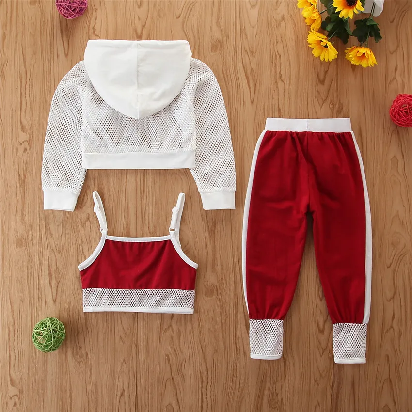Girls Clothing Set Kids Clothing Set 3Pcs Fashion Baby Girl Clothes Summer Hollow Coat + Suspenders + SweatPants Outfits