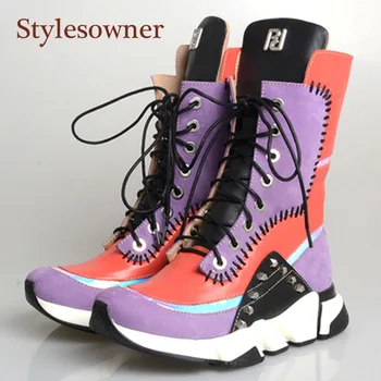 

Autumn Winter High-top All-match Casual Shoes Wedges Rivet Lace-Up Cow Leather Round Toe Mid-tube Boots Fashipon Sports Shoes