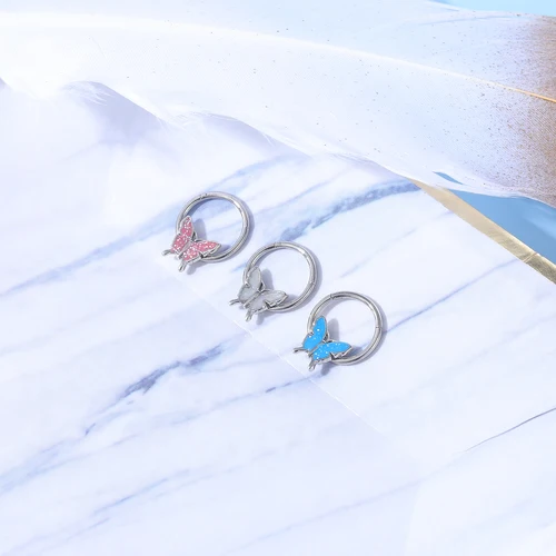 ZS 16G 나비 코 링 진주 고양이 Septum 반지 꿀벌 박쥐 Septum 피어싱 블루 나비 헬릭스 귀걸이 스테인레스 스틸 코 링 4