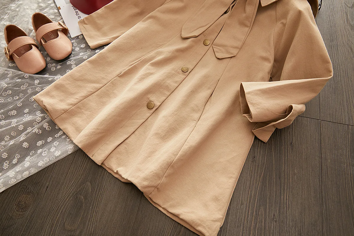 

Korean Girls' Shirt 2019 Spring And Autumn New Style Children Bowtie Highlord qun bai shi Mid-length Trench Coat N6442