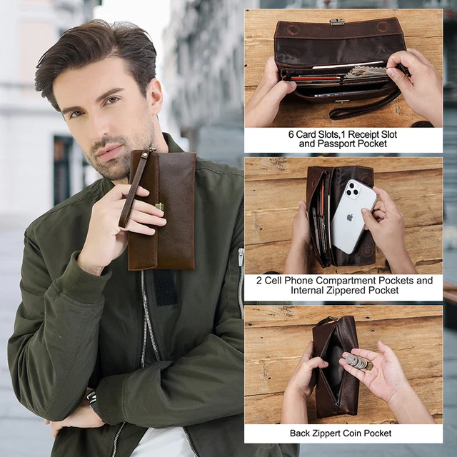 Stylish and practical Genuine Leather Mens Clutch Bag with RFID protection and large capacity