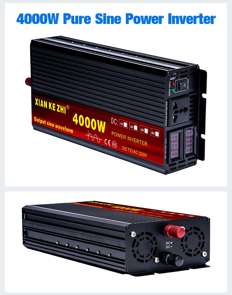 12 V/24 V 220V 2000/3000/4000W инвертор с чистым синусом Мощность инвертор Напряжение трансформатор DC12V к переменному току 220V преобразователь+ 2 светодиодный Дисплей