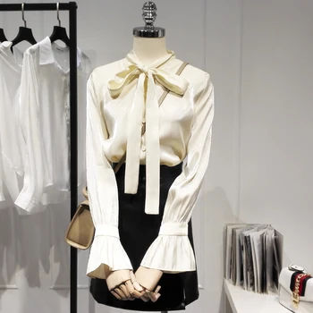 

2020 summer new chiffon women blouse and shirts bow neck flare sleeved solid office lady elegant outwear tops