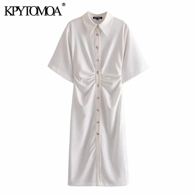 KPYTOMOA Women 2021 Chic Fashion Button up Draped Midi Shirt Dress Vintage Short Sleeve Side Zipper