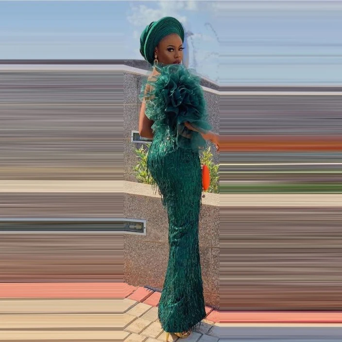 Зеленое платье для выпускного вечера Aso Ebi с кисточками и оборками, с аппликацией, с разрезом по бокам, Черное женское вечернее длинное платье для торжеств, стиль