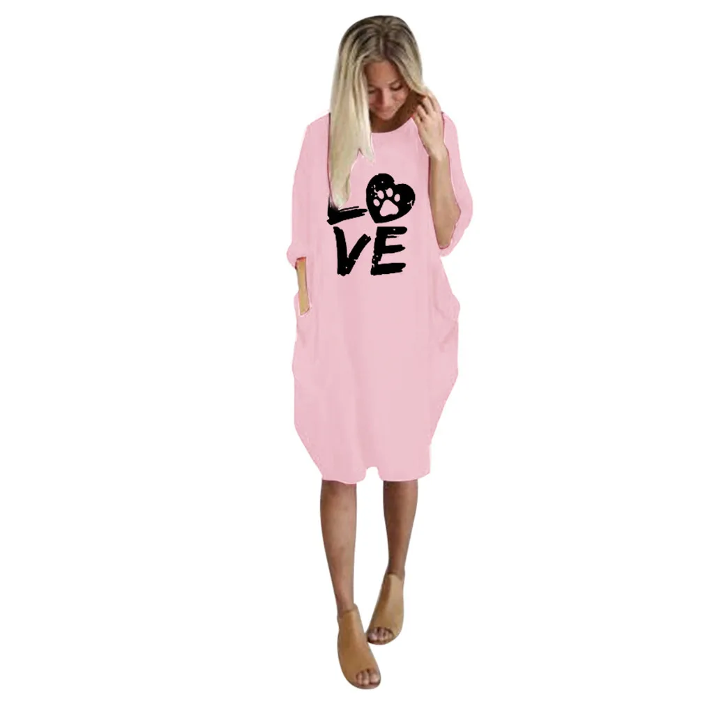 Негабаритное платье миди с надписью «LOVE» для женщин; Осенние повседневные платья с длинными рукавами и круглым вырезом; Мешковатые и карманы; женские платья - Цвет: Розовый