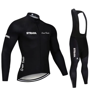 

STRAVA Pro Team Long Sleeve Cycling Jersey Set Bib Pants Ropa Ciclismo Bicycle Clothing MTB Bike Jersey Uniform Men Clothes