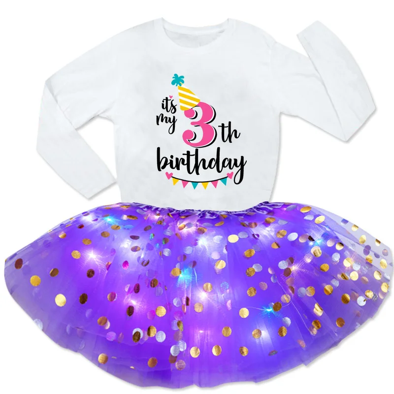 

Girls Dress Sequin Glow Sets Birthday Party Light Dress+Long Sleeve T Shirt Kids Design Your Name and Number Birthday Presentt