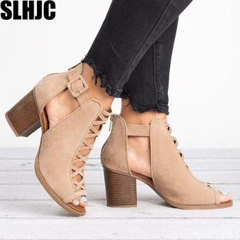 

SLHJC Summer Sandals Med Chunky Block Heel Peep Toe Short Ankle Boots Shoes Plus Size Hollow Out Cozy Pumps Sandals Women Shoes