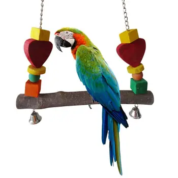 

Bird Wooden Swing Toy Parrot Perch Stand Chew Colorful Heart Block Hanging Bells Y5GA