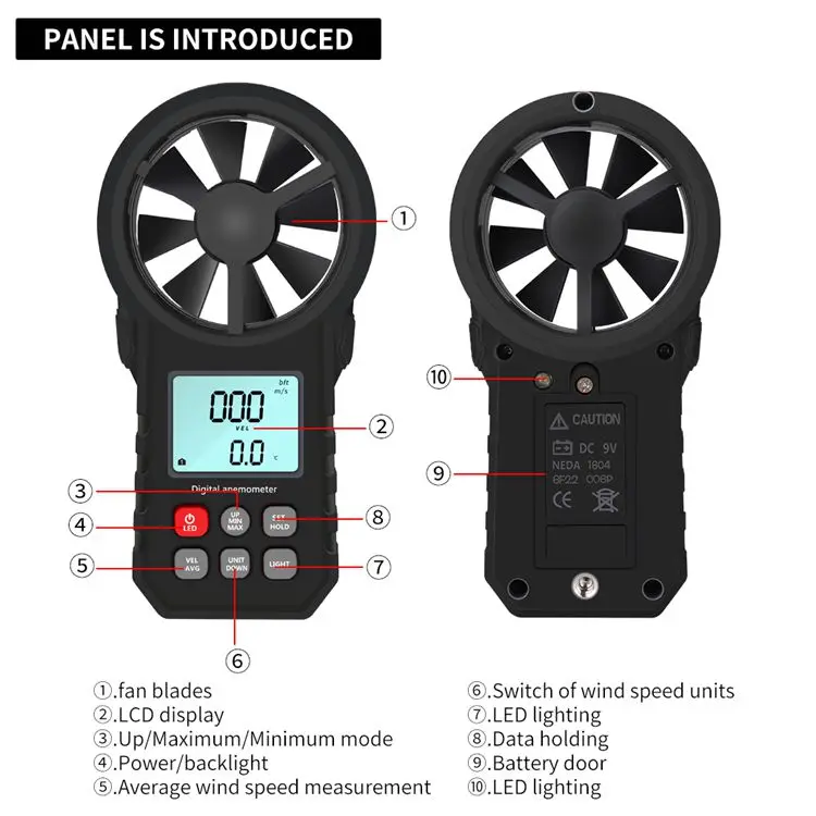 Digital Anemometer LCD Electronic Air Volume Wind Velocity Speed Temperature Value Meter Wind Cold Indicator LED Light Data Hold