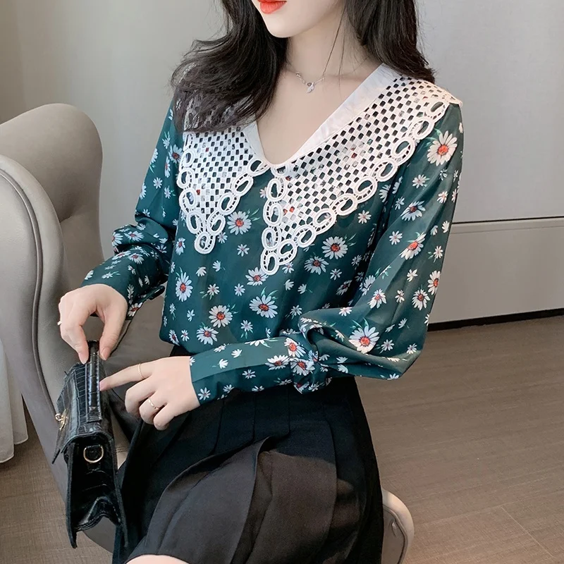 

Autumn Floral Print Shirt Doll Collar Women Tops Chiffon Blouse Womens Tops and Blouses Blusas Plus Size