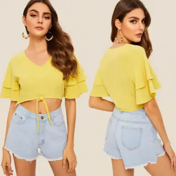 

Fashion Summer Women Chiffon Short Sleeve V-Neck Crop Tops Casual Blouse Ladies Casual Shirt Hot