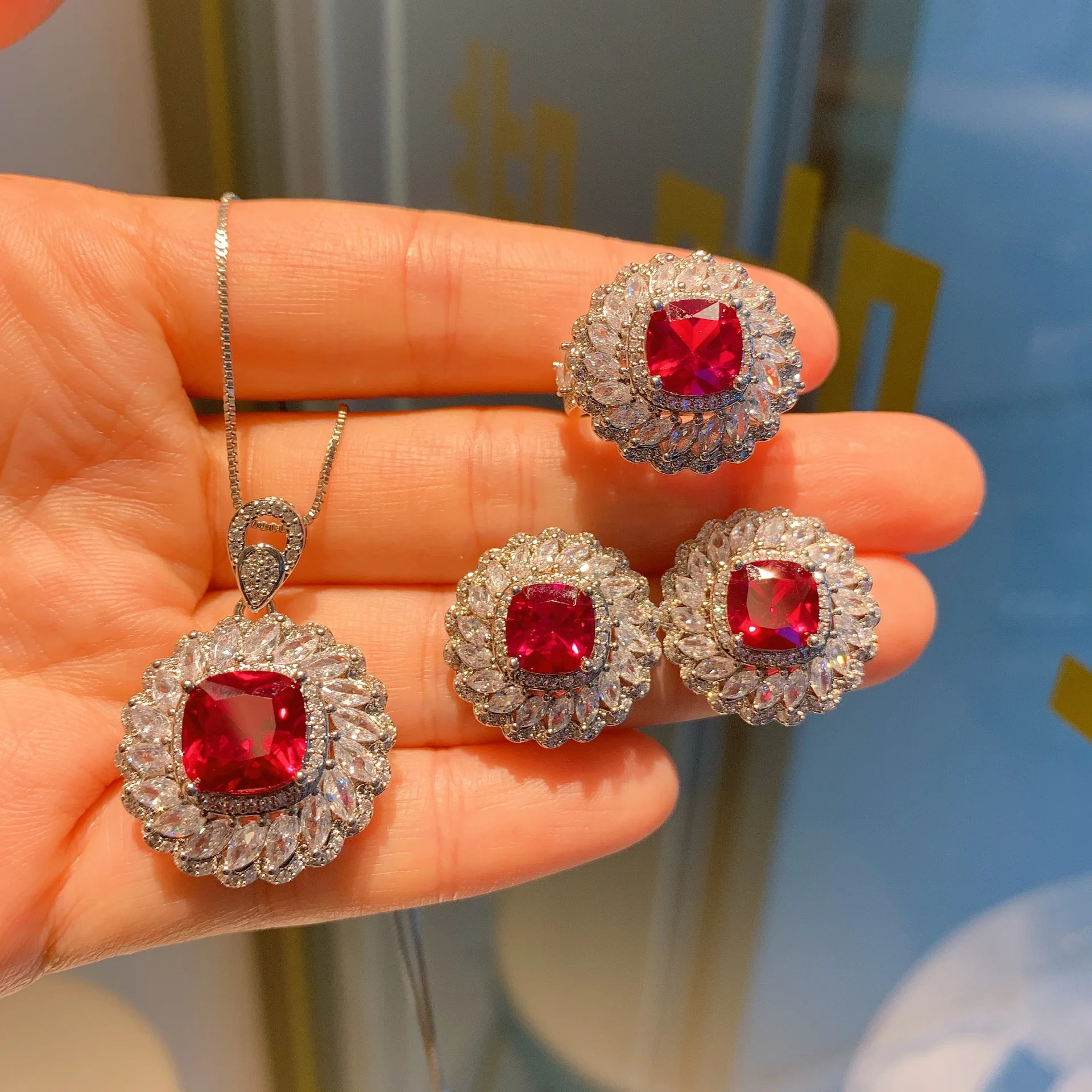 

QTT Square Women Earrings/Pendant Necklace/Rings Set Silver Jewelry Set Red Cubic Zirconia Wedding Jewelry Sets