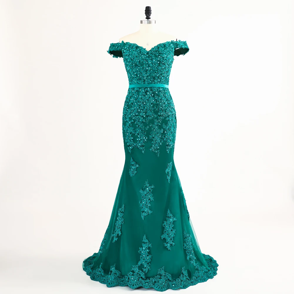 

Emerald Green Lace Beading Off The Shoulder Long Mermaid Prom Dress Sleeveless Applique Formal Evening Pageant Dress Party Gown