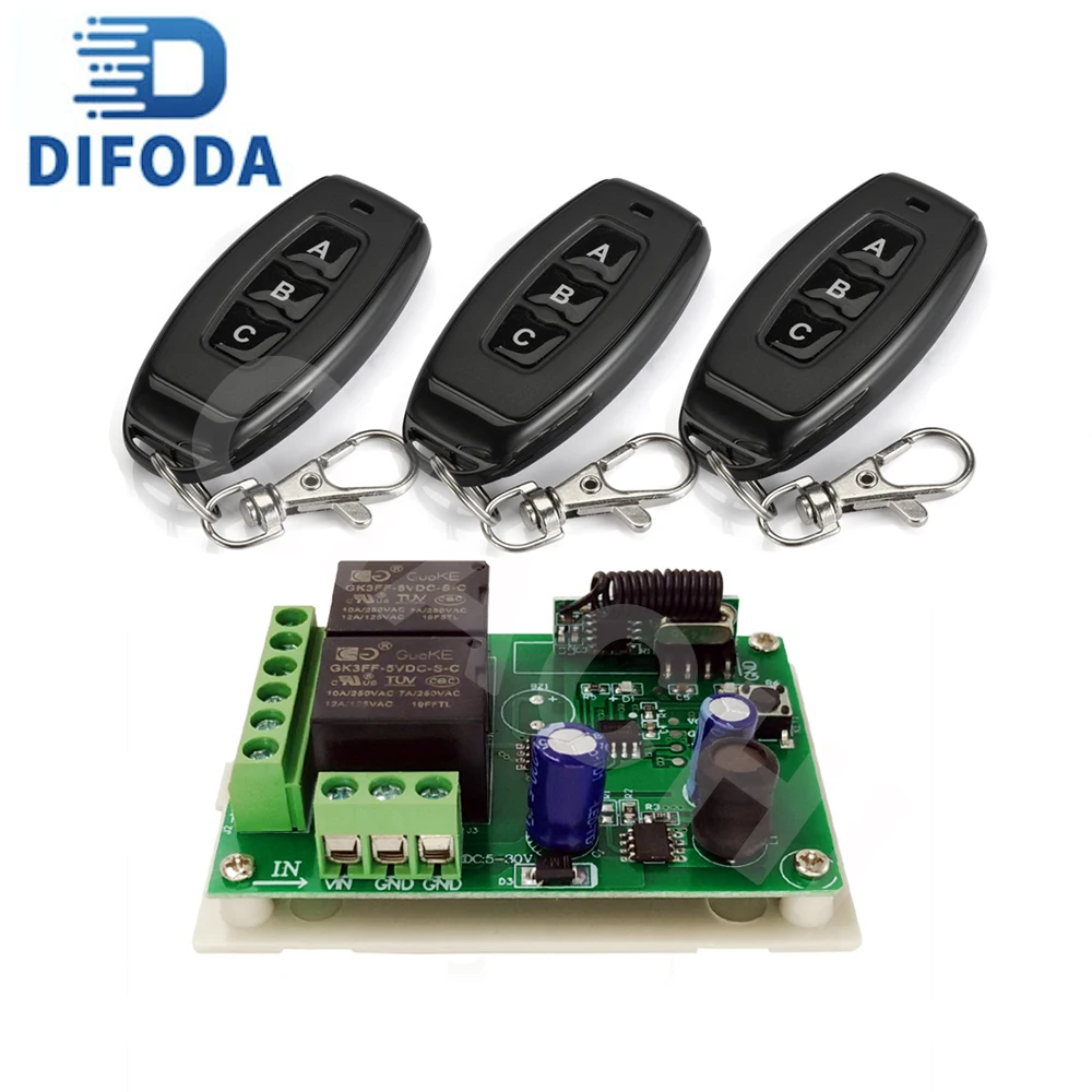 

DIFODA RF 433Mhz Universal Remote Control DC 6V 12V 24V 2CH Relay Module Receiver controllor Switch for motor lamp LED door