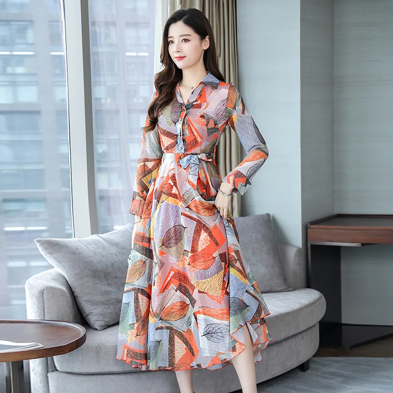 

2019 Spring And Autumn New Style Floral-Print Chiffon Dress Women's Mid-length Large Size Long Sleeve High-End Fashion Popular S