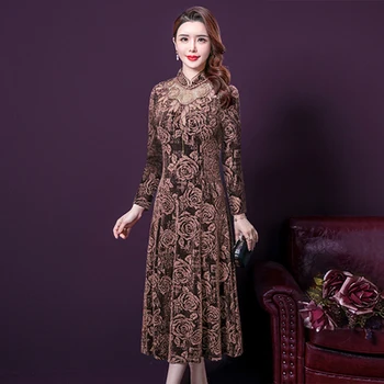 

2020 Autumn New Mother Elegant Embroidery Long Dress Red Coffee Loose Oversized Plus Size 5xl Wedding Style Party Hollow Out
