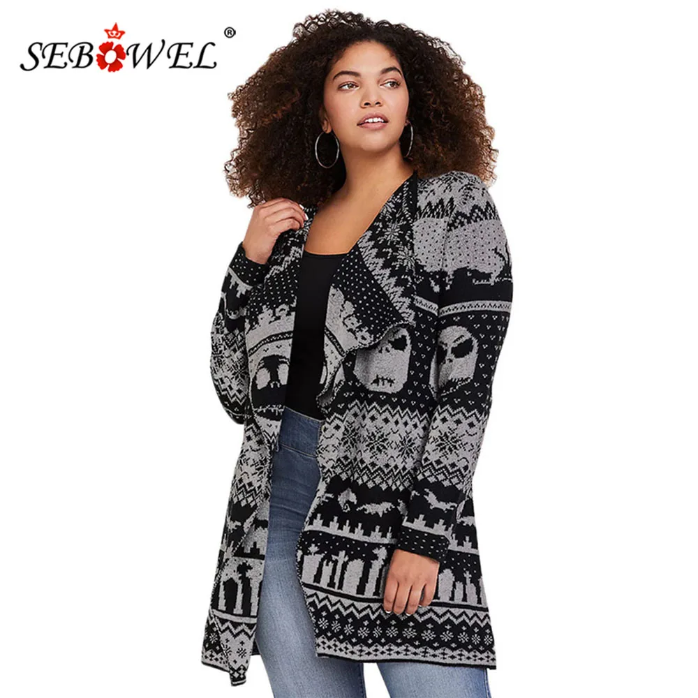 

SEBOWEL Halloween Autumn Winter Cardigan Sweater Women's Long Sleeve Skull Head Mid-length Wool Knit Sweaters Outer Jackets