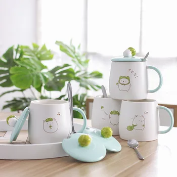 

Cartoon Cabbage Ceramic Mug Cute Breakfast Cup with Lid Spoon 420ml Large Capacity Household Coffee Milk Juice Mugs for Children
