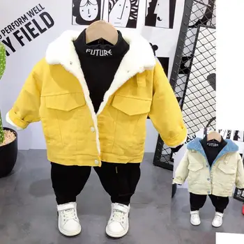 

Children's clothing boy plus velvet jacket 2019 new casual cotton padded lamb plush winter clothing + pants two-piece set 2-6 Y