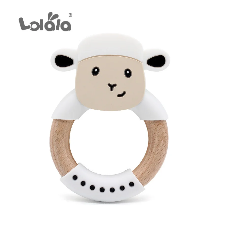 1pc Baby Silicone Teether Cartoon Elephant Sheep Teething Toy Beech Wood Ring Infant Comfort Toys Baby Teether