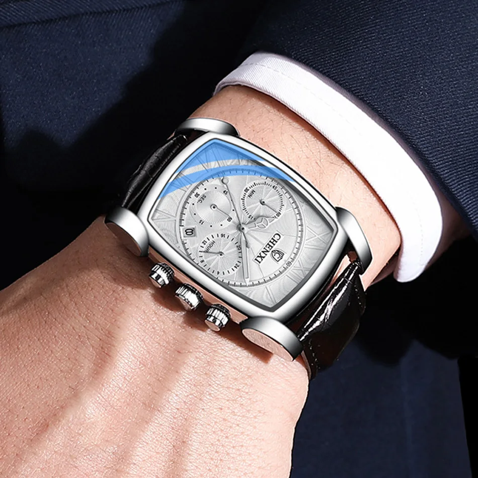 Fashion Rectangle Men Business Watches Calendar Chronograph Genuine Leather Casual Luxury Male Wristwatch Waterproof Big Dial
