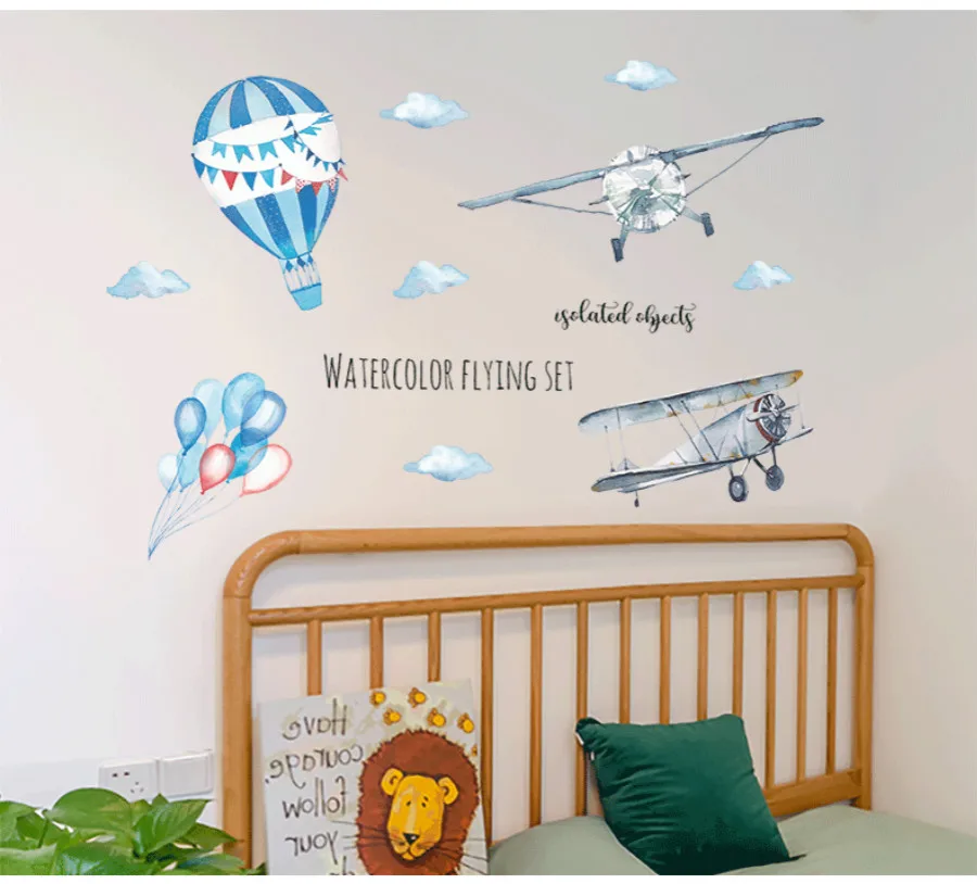 Large Watercolor Hand-painted Airplane Balloon Children Room Wall Stickers for Kindergarten Wall Decor Plane Flying room mural