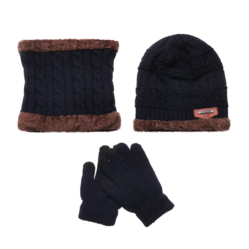 navy blue Мужские и женские зимние теплые 3In1Mens шапочки для девочек, шапка бини и шейный шарф, вязаные перчатки, набор перчаток для сенсорного экрана, Детский комплект - Цвет: navy blue
