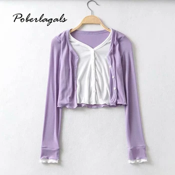 

Autumn V-neck long-sleeved shirt Knit Sweater 2020 elegant women fake two-piece single-breasted cardigan knitted cardigans