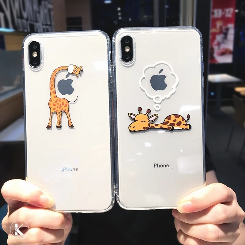 Cute Cartoon animal giraffe Clear Phone Case For iPhone 11 Pro Max X XS XR 7 8 plus 6 6s Couple Transparent Soft TPU Back Cover