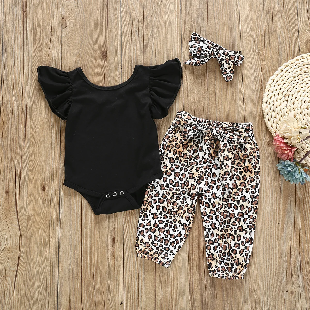 

Infant Clothes Infant Baby Girls Solid Romper Bodysuit+Leopard Print Pants+Headband Casual Outfits vetement enfant fille